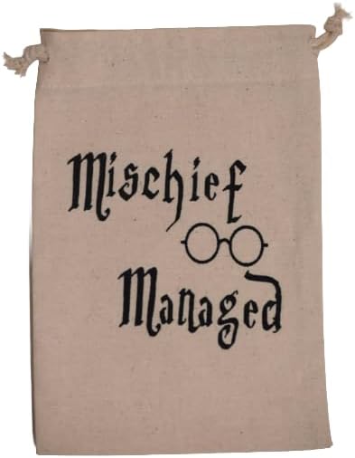 Mischief Managed Wizard Theme Premium Organic Muslin Drawstring Pouch – Screen Printed Cotton Bag, Natural Beige, 5.2x8 Inches, Hangover Kit, Wedding Party Favor Set for Bachelorette Hangover Kits & Holiday Gifting, Reusable Unbleached Cotton Pouches, 7 count