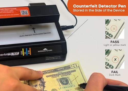Dri Mark Tri Test - Counterfeit Bill Detector Machine w/AC Adapter - 3 Tests in 1 - Paper, Security Strip and Watermark Tests, Accurate Money Tester Machine with Counterfeit Detection Pen