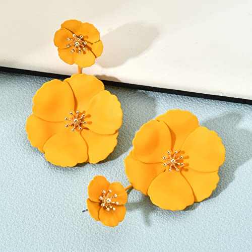 Metal Poppy Flower Dangle Earring- Matte Painted Dual Flower Floral Petal Tiered Drop for Women2