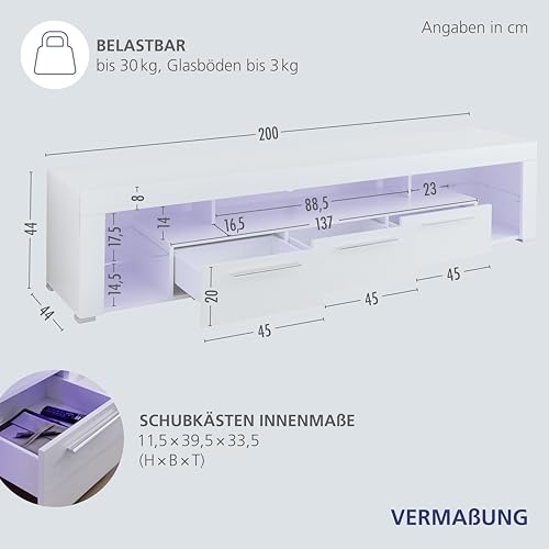 GOAL Lowboard in Hochglanz Weiß mit blauer LED-Beleuchtung - hochwertiges TV-Board mit viel Stauraum für Ihr Wohnzimmer - 200 x 44 x 44 cm (B/H/T)
