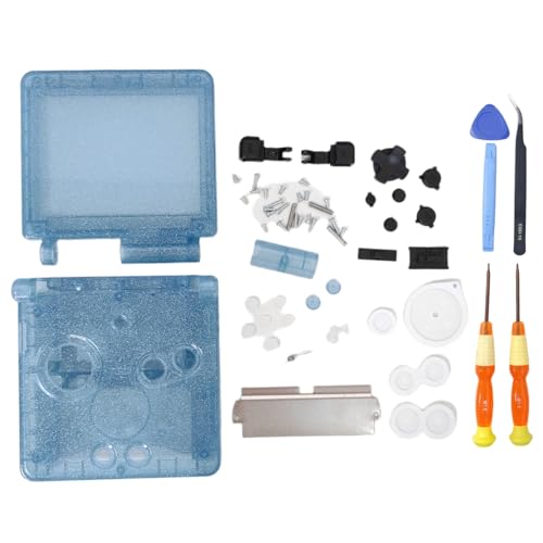 Image of Hzxkqmil Replacement Full Shell Case Kit for Gameboy Advance SP Console | Custom Transparent Housing DIY Clear Cover with Buttons Screws Repair Parts + Screwdrivers Tools for GBA SP (Blue Sparkle)