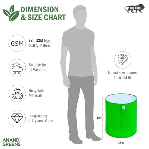 Image of Anandi Green's Premium HDPE Uv Protected 220 GSM Round Shaped Green Colour Plants Grow Bags Suitable for Terrace and Vegetable Gardening (Pack of 4, 18x18 INCH)