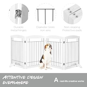   PAWLAND-Extra-Wide-Dog-gate-for-The-House-Doorway-Stairs-Dog-Fences-Indoor-Freestanding-Foldable-Wooden-Pet-Gates-for-Dogs-Set-of-Support-Feet-Included-96-in-Wide-30-in-Tall-4-Panels-White