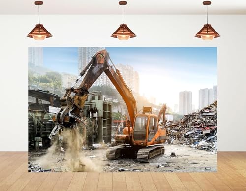 5x5ft Scrapyard Excavator Backdrop Metal Piles Urban Demolition Scene Photography Background Edgy for Industrial Party Corporate Event Decorations Banner Photo Studio Props