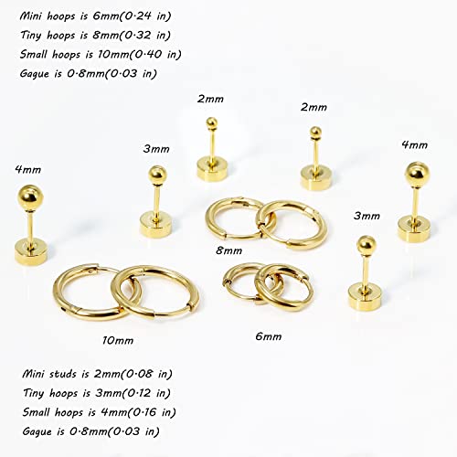 Dainty 6 Pairs Earrings Sets For Multiple Piercing, Lightweight 14K Gold Plated Small Huggie Hoop Earrings, Flat Back Tiny Ball Stud Earrings For Cartilage, Helix, Lobe, Hypoallergenic (14K Gold Plated- Huggie Hoops And Ball Studs) #TOP2