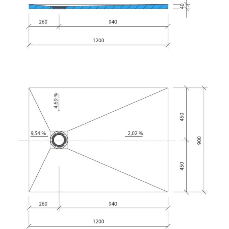 Receveur de douche à carreler 120 x 90 WEDI Fundo Primo rectangle écoulement excentré + bonde horizontale + kit d'étanchéité
