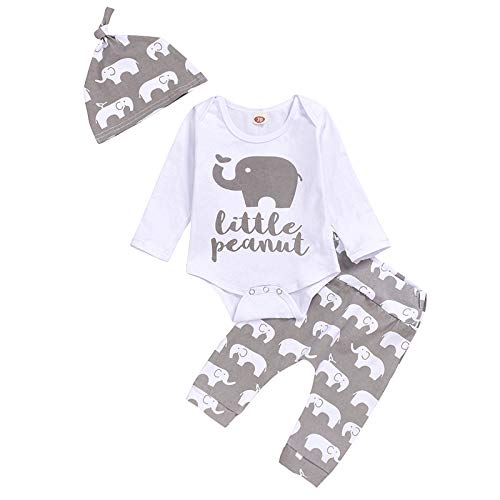 Aruzig Newborn Baby Boys Elephant Clothes Set Long Sleeve Romper Bodysuit Pants Hat 3Pcs Outfit (Long Sleeve Elephant, Newborn)