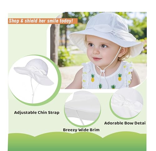 Baby Girl Sun Hat Infant Toddler Swim Wide Brim Strap Bucket Hat with UPF 50+ Adjustable Pink Yellow Stripe 2 Pack 18.9"(48cm)/6-12 Months — view 2