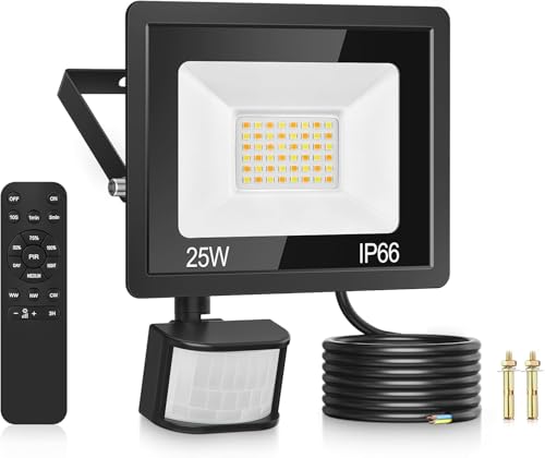 Security Lights Outdoor Motion Sensor, 25W 3 Colours PIR Security Light with Remote Control, 2100LM IP66 Waterproof Outside Lights Dimmable Floodlight Motion Sensor Lights Outdoor for Backyard, Garden
