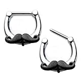 Hinged 16 Gauge Surgical Steel Septum Nose Clicker with Black Mustache