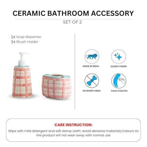Image of ExclusiveLane 'Gulabi Courtyard' Hand-Painted Ceramic Bathroom Accessories Set of 2 (Liquid Soap Dispenser for Wash Basin, Paste & Toothbrush Holder) |Handwash Dispenser |Bathroom Organiser Set