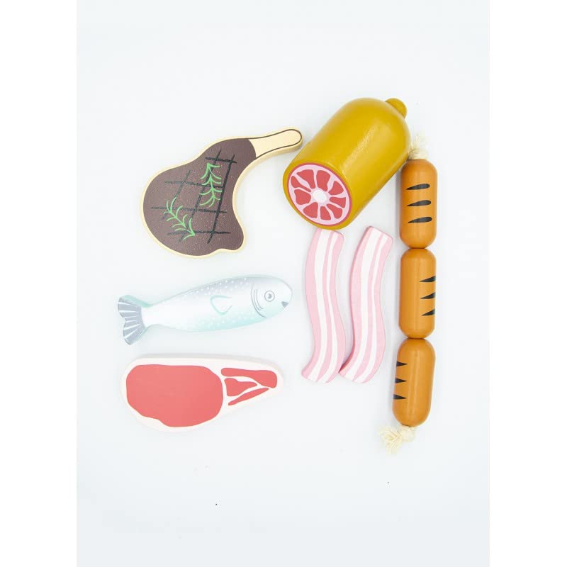 Kinderküche Zubehör Holz 12,5 x 17 x 5 cm - Kinderküche Spielküche Zubehör Kaufladen - Lebensmittel Spielzeug Mit Fleisch und Fisch - Kaufmannsladen Zubehör Holz – Bild 5