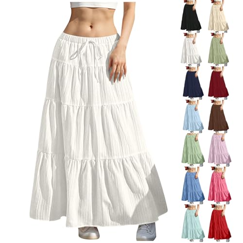 Maxi Skirts for Women Boho White Skirt Fashion Tiered Pleated A-line Long Dress Flowy Elastic Waist Drawstring Skirts