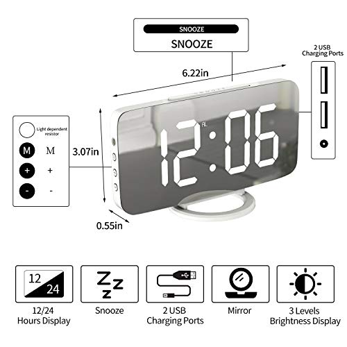 Wulawindy Digital Alarm Clock, Large Mirrored Led Display, With Usb Charger, Snooze Function Dim Mode Wall Hanging Beside Desk Clock For Bedroom (White) #TOP5