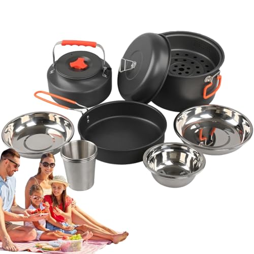 Chaies Juego de utensilios de cocina para camping, juego de ollas y sartenes, juego de ollas y sartenes, utensilios de cocina portátil para camping, senderismo, etc