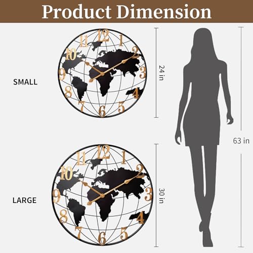 KEQAM Large World Map Wall Clock, Metal Minimalist Modern Clock,Round Silent Non-Ticking Battery Operated Wall Clocks for Living Room/Home/Kitchen/Bedroom/Office/Farmhouse Decor (24 Inch) by KEQAM - Used condition - Image 2