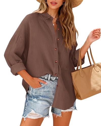 NOLLSOM Casual Shirts for Women Long Sleeve Button Down Blouses Fall 2025 Solid Color Trendy Tops with Pocket(Coffee,Large)
