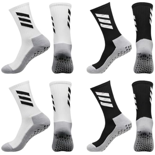 ZANZER (4 Pairs) Men's Grip Socks Soccer Anti Slip Athletic Socks for Men Non-Skid Football Basketball Socks with Grip Pads (Black + Black + White + White)