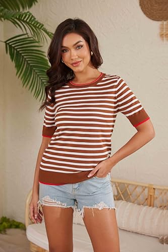 Image of Womens Tops Summer Short Sleeve Shirts Striped Sweater Cute Casual Top Trendy Women Clothing Crewneck Knit Blouses