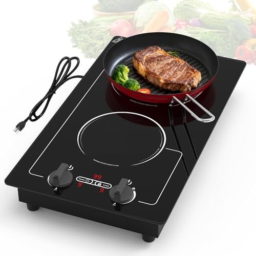VBGK 2 burner Induction cooktop 110V 2300W double burner hot plate with LED Touch Screen 9 Power Levels Kids Lock & Timer Overheat Protection knob and touch control Double Induction Cooktop