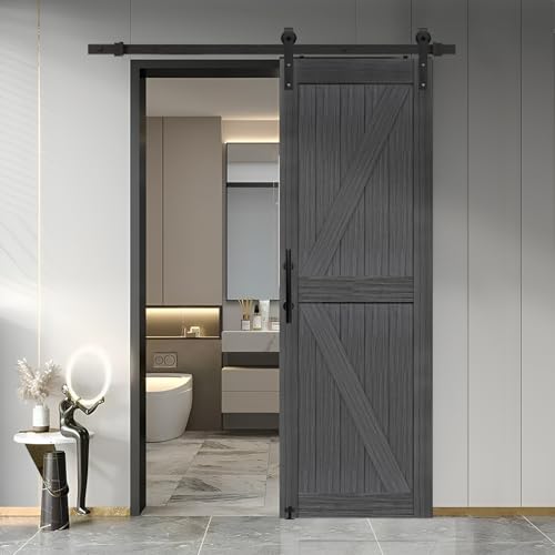 S&Z TOPHAND® 26 in x 84 in MDF Deep Gray British Brace Knotty Barn Door with 5FT Sliding Door Hardware Kit/Double -Sided Door Handle/Sliding Door/Double Surfaces/Simple Assembly is Required