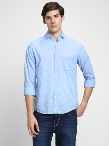 Image of Dennis Lingo Men's Cotton Blue Printed Slim Fit Button-Down Full Sleeves Casual Shirt