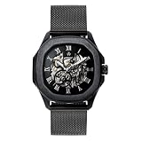 ASKUM Orologio meccanico meccanico in acciaio inossidabile con quadrante quadrato automatico con cinturino in maglia, Nero