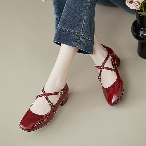 FOWT Women Square Toe Crossed Strap Mary Janes Block Low Heel Pumps Adjustable Buckles Lovely Dates Party Wedding Dress Shoes Size 4-16 US2
