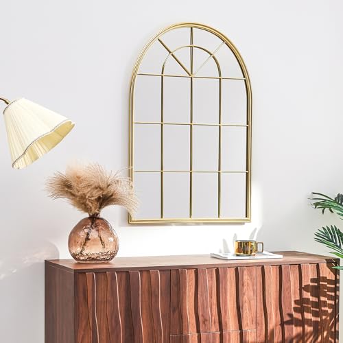 Image of Uniclinens Window Mirrors for Wall Decor - Large Gold Farmhouse Arched Window Pane Mirror for Wall Decor Living Room, Gorgeous for Entryway, Fireplace, Hallway,Dining Room,36 inchX24 inch