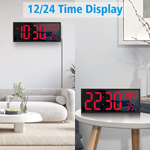Szelam Digital Wall Clock, 17.1” Digital Clock Large Display With Date And Temperature, Humidity, 3-Level Brightness, Led Wall Clock For Living Room Elderly, With Remote Control- Red #TOP7