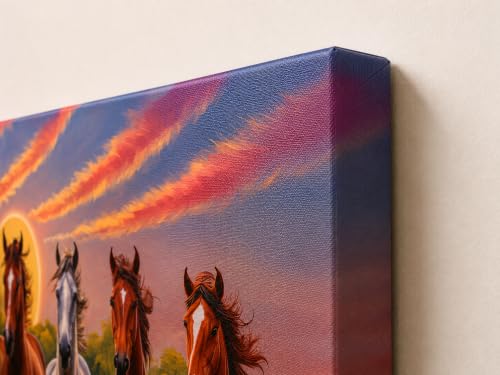 Image of 7 Horse Vastu Sunrise Canvas Painting | Positive Energy Wall Decor | Big Size Premium Running Horses Artwork for Home, Office & Hall Decoration (Modern, Brown Horse, 26x18 Inch)