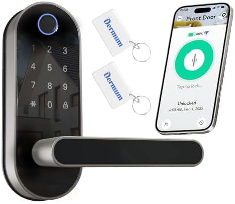 Keyless Entry Fingerprint Digital Smart Lock with Handle & Keypad: Electronic/Electric Lock with Code, App Control Biometric Deadbolt Door Knob for Front, Interior, Exterior & Bedroom Door (Silver)