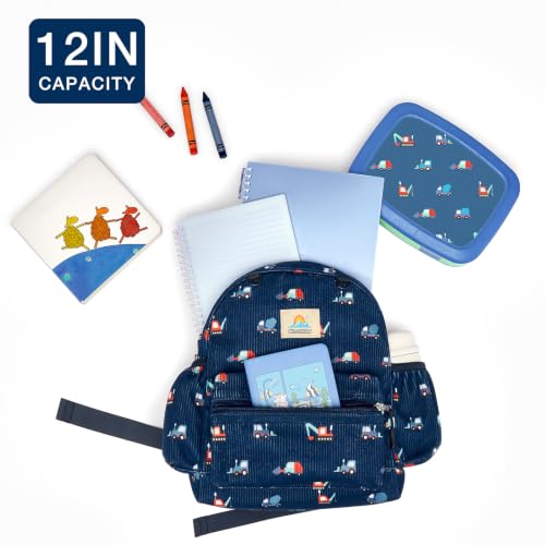 Image of STEAMEDBUN Corduroy Toddler Backpack for Girls 2-4: Kids backpack for Boys Girls - 12 inch Preschool Kindergarten Backpacks - Blue Trucks