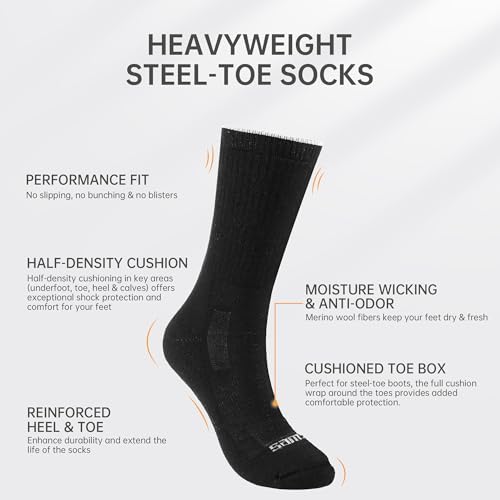 SAMSOX Merino Wool Boot Socks, Made in USA Heavyweight with Cushioned Toe Box, Steel Toe Crew Work Socks (Ironman)3