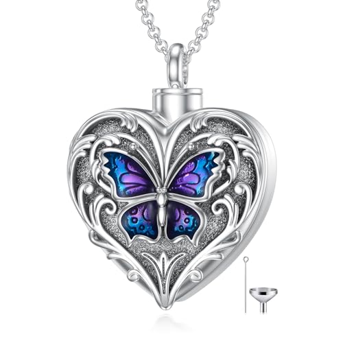 SOULMEET Heart Shape Butterfly Urn Necklace for Ashes, Sterling Silver Blue Morpho Butterfly Ashes Locket Necklace, Memorial Keepsake Gift