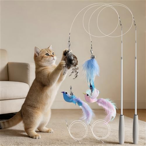 Newthoughts 猫 おもちゃ 猫じゃらし 釣り竿2本セット 96cm 軽量 丈夫 ねこじゃらし ストレス解消 天然羽毛 運動不足対策 鳥型2個付きと羽根おもちゃ1個とリボンフェザーキャットトイ1個の商品画像（Amazon）