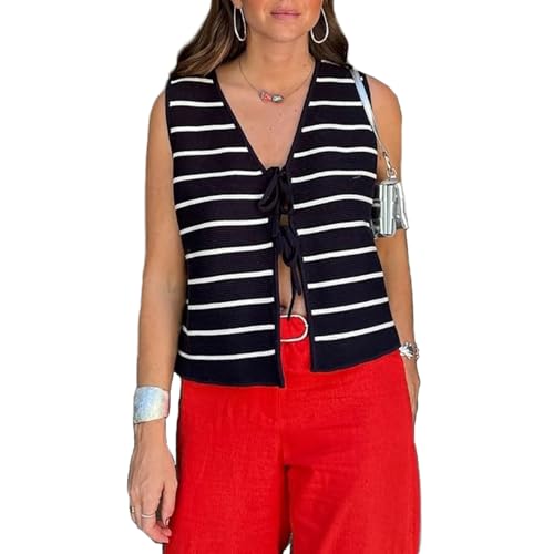 Image of jinghuiyue Womens Tie Sweater Vest Trendy V Neck Crochet Sleeveless Cardigan y2k Open Front Knit Tank Tops
