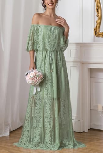 Image of HOYISHION Women's Off The Shoulder Floral Lace Maxi Dress White Bridesmaid Wedding Party Maternity Photoshoot Long Dresses
