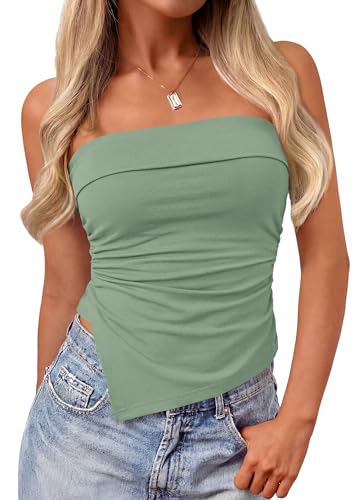 PRETTYGARDEN Going Out Tube Tops for Women Trendy Summer 2026 Asymmetrical Ruched Strapless Bandeau Shirts Spring Clothes (Sage Green,XX-Large)