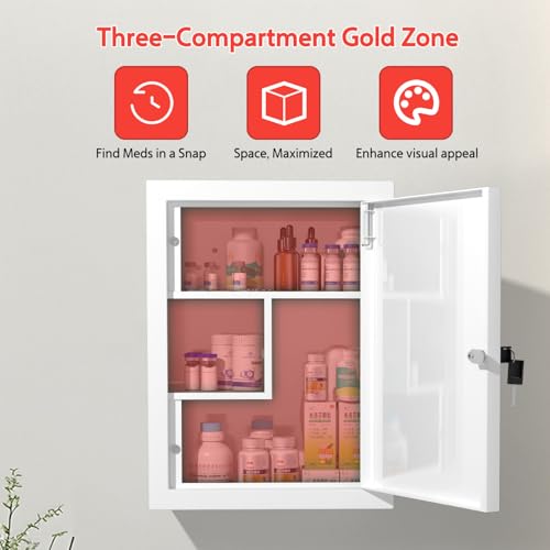Wensha Locking Medicine Cabinet Wall-Mount: Storage Cabinet with Lock & Key - White Metal First Aid Kits for Childproofing and Family Safety