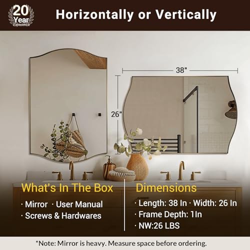 Image of ANDY STAR 26 inchx38 inch Scalloped Mirror for Bathroom,Brushed Gold Rectangle Wall Mirror with Curved Edge Stainless Steel Metal Frame, Wall-Mounted Mirror for Bathroom, Entryway, Living Room