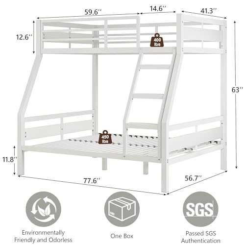Image of iPormis Metal Bunk Bed Twin Over Full, Heavy Duty Bunk with High Guardrail and Safety Entrance Design, Under-Bed Storage Space, Easy Assembly, Noise Free, White