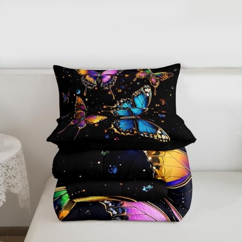 Image of Erosebridal Colorful Butterflies King Size Comforter Set for Kids Teens Adults,Dreamy Starry Sky Bedding Sets,Outer Space Galaxy Duvet Insert,Garden Wildlife Quilt Bedroom Decor