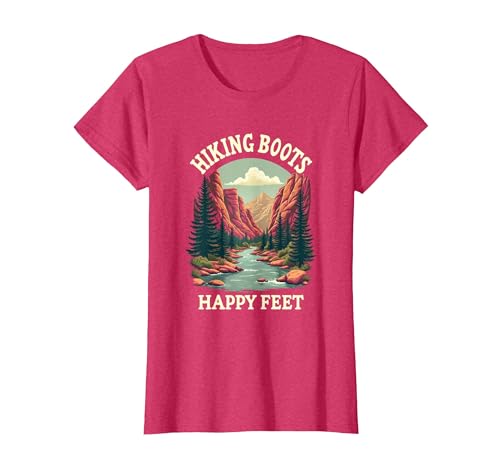 Zion National Park Hiking Boots Happy Feet Design T-Shirt, Women, Red Heather, Medium