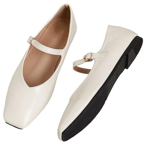 Stunner Women's Mary Jane Flats Comfortable Square Toe Buckle Strap Ballet Flats Soft Slip On Flat Shoes White 43(10)