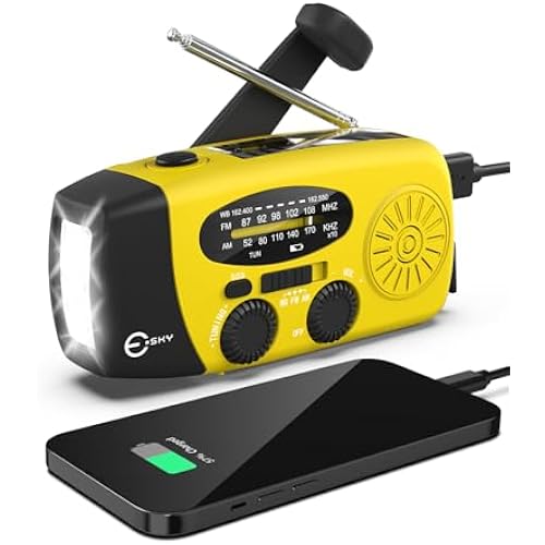 Esky Emergency Hand Crank Radio with 3 LED Flashlight, AM/FM/NOAA Portable Weather Radio with 2000mAh Rechargable Battery, Solar Powered USB Charged Radio for Indoor Outdoor Camping, SOS Alarm