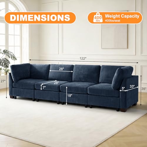 Image of TEKAMON 122 inch Modern Sofa Modular Sectional Couch, 4-Seat Chenille Deep Seat Sofa for Living Room, Bedroom and Apartment, Blue