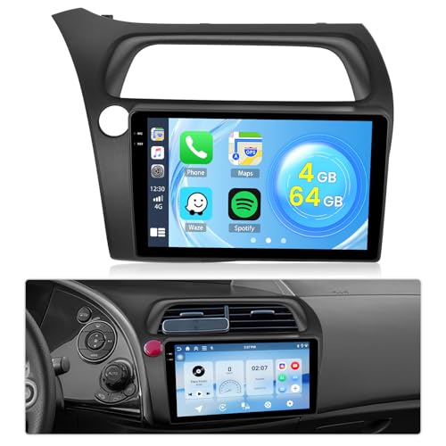 4+64G Radio Android 15 para Honda Civic VIII 2006-2011 Incell Screen Wireless Carplay Android Auto Roinvou, 9 Pulgadas Pantalla Táctil Estéreo Radio con GPS Bluetooth EQ WIFI RDS FM SWC Cámara Trasera