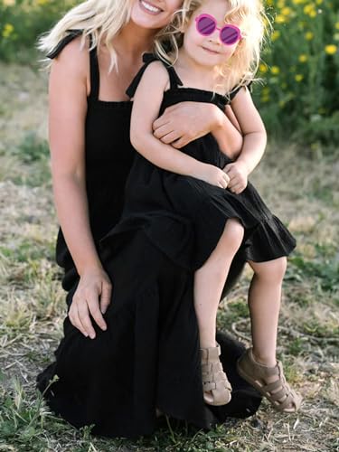 Mommy and Me Dresses Matching Outfits Family Solid Color Tie-Up Spaghetti Strap Long Dress for Mother and Daughter4