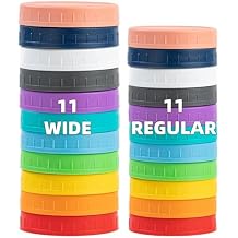 Bedgeta 22 Pack Plastic Mason Jar Lids, 11 Wide Mouth & 11 Regular Mouth with Silicone Rings,Thickened Leak-proof Lids Fit Ball,Kerr and More, 86mm & 70mmMulticolored